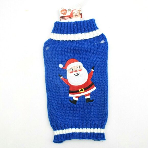 Dog Knit Sweater Coat XS  Embroidered and Applique Santa Claus Blue and White Ne - Picture 2 of 5